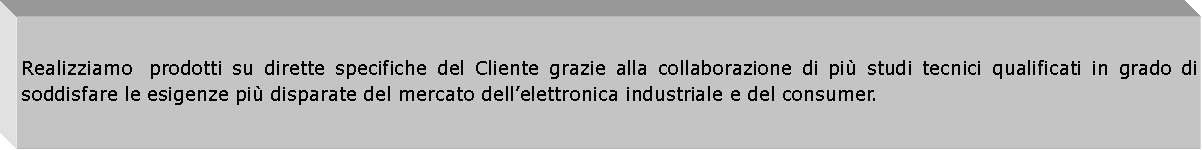 Casella di testo: Realizziamo  prodotti su dirette specifiche del Cliente grazie alla collaborazione di pi studi tecnici qualificati in grado di soddisfare le esigenze pi disparate del mercato dellelettronica industriale e del consumer.